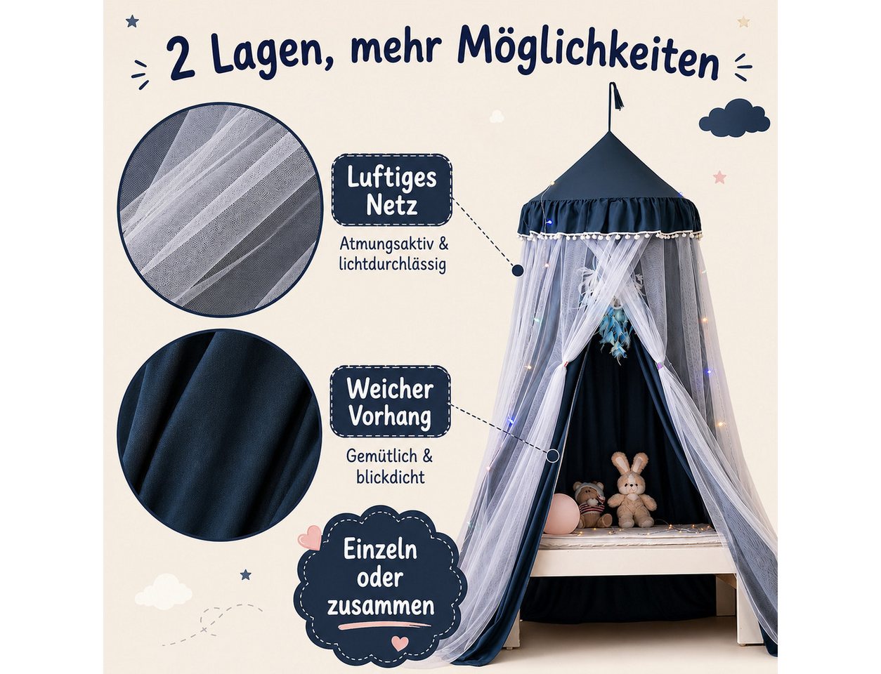 LMaxhome Himmelbett Doppellagiger, Betthimmel mit Moskitonetz, Lichtschutz für Kinder (1-tlg), 270 cm hoher Baldachin fürs Kinderzimmer, 65-cm-Ring, Deckenmonta – Bild 3 von 5