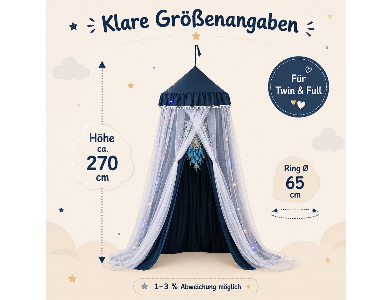 LMaxhome Himmelbett Doppellagiger, Betthimmel mit Moskitonetz, Lichtschutz für Kinder (1-tlg), 270 cm hoher Baldachin fürs Kinderzimmer, 65-cm-Ring, Deckenmonta – Bild 5 von 5