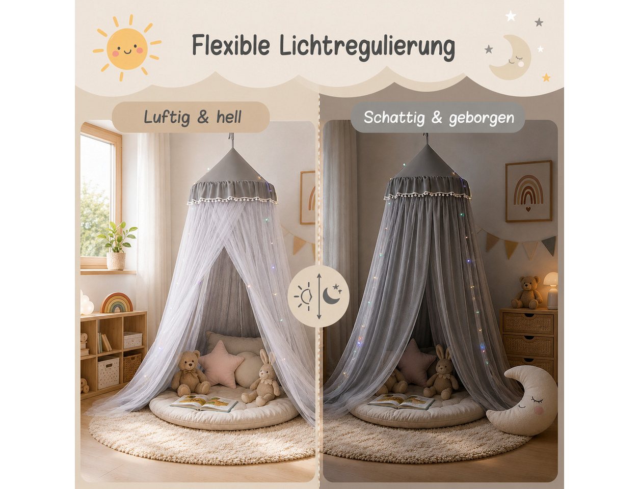 LMaxhome Himmelbett Doppellagiger, Betthimmel mit Moskitonetz, Lichtschutz für Kinder (1-tlg), 270 cm hoher Baldachin fürs Kinderzimmer, 65-cm-Ring, Deckenmonta – Bild 2 von 5