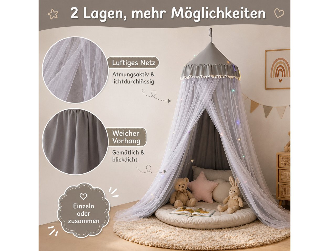 LMaxhome Himmelbett Doppellagiger, Betthimmel mit Moskitonetz, Lichtschutz für Kinder (1-tlg), 270 cm hoher Baldachin fürs Kinderzimmer, 65-cm-Ring, Deckenmonta – Bild 3 von 5