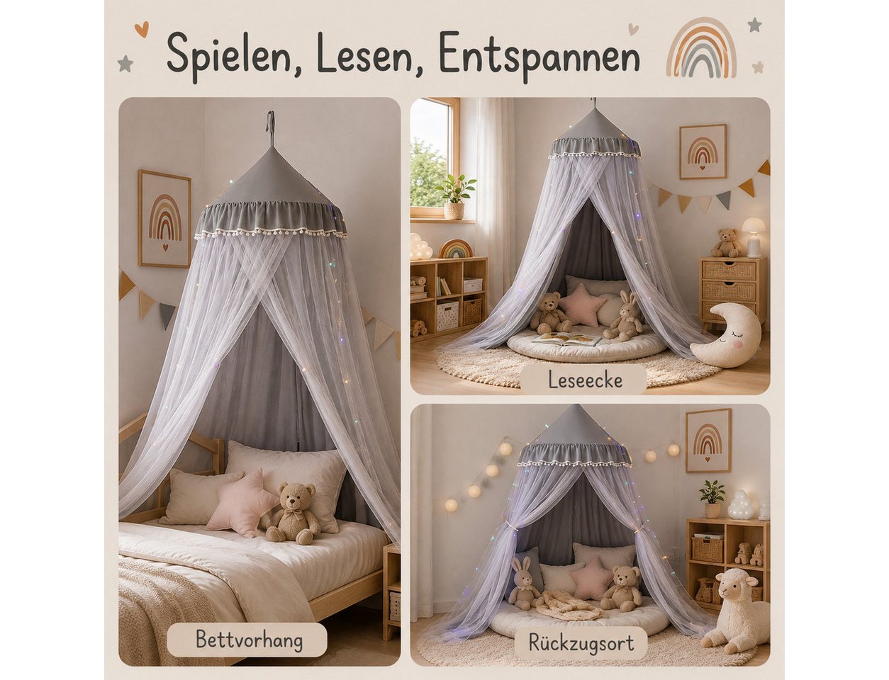 LMaxhome Himmelbett Doppellagiger, Betthimmel mit Moskitonetz, Lichtschutz für Kinder (1-tlg), 270 cm hoher Baldachin fürs Kinderzimmer, 65-cm-Ring, Deckenmonta – Bild 4 von 5