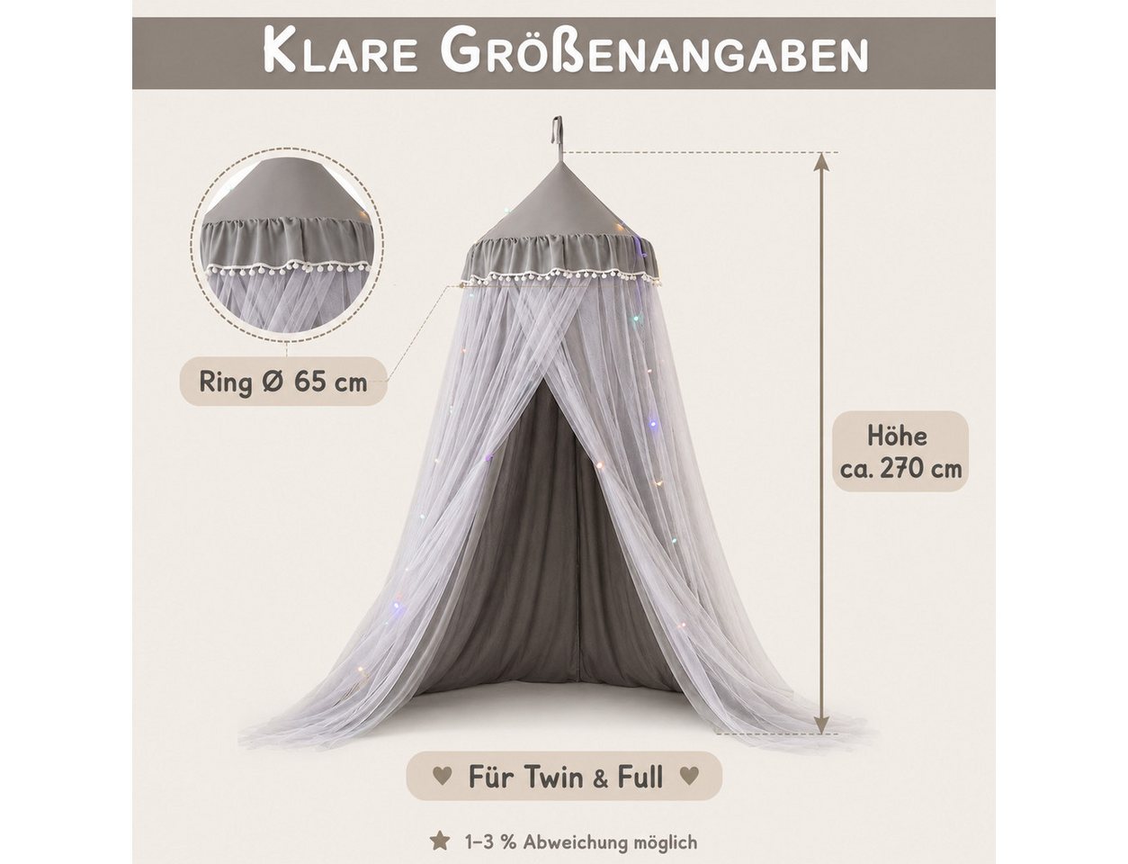 LMaxhome Himmelbett Doppellagiger, Betthimmel mit Moskitonetz, Lichtschutz für Kinder (1-tlg), 270 cm hoher Baldachin fürs Kinderzimmer, 65-cm-Ring, Deckenmonta – Bild 5 von 5