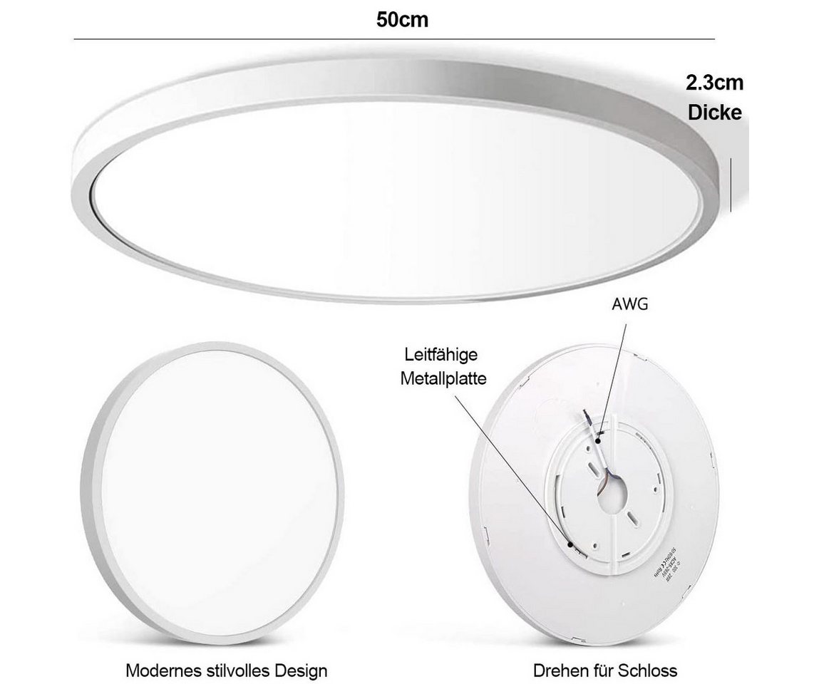 LMaxhome LED Deckenleuchte Ø23/30/40/50CM, Dimmbar Runde Ultra Dünn Deckenlampe 3 Farbtemperatur, 1 St., 24W~48W, 3000k/4000k/5000k, Memory Funktion, für Wohnzi – Bild 2 von 5
