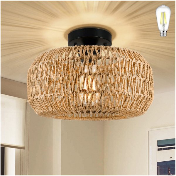 LMaxhome LED Deckenleuchte Hängend Boho Rattan Deckenlampe Vintage Kronleuchter Lampenschirm Flur, E27 Glühbirne LED fest integriert Bambus Wohnzimmer Esszimmer