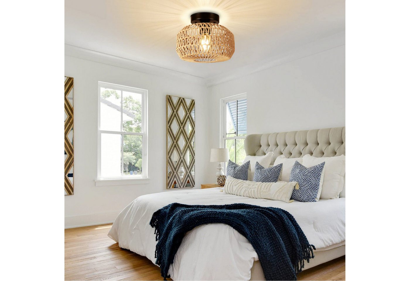LMaxhome LED Deckenleuchte Hängend Boho Rattan Deckenlampe Vintage Kronleuchter Lampenschirm Flur, E27 Glühbirne LED fest integriert Bambus Wohnzimmer Esszimmer – Bild 2 von 5