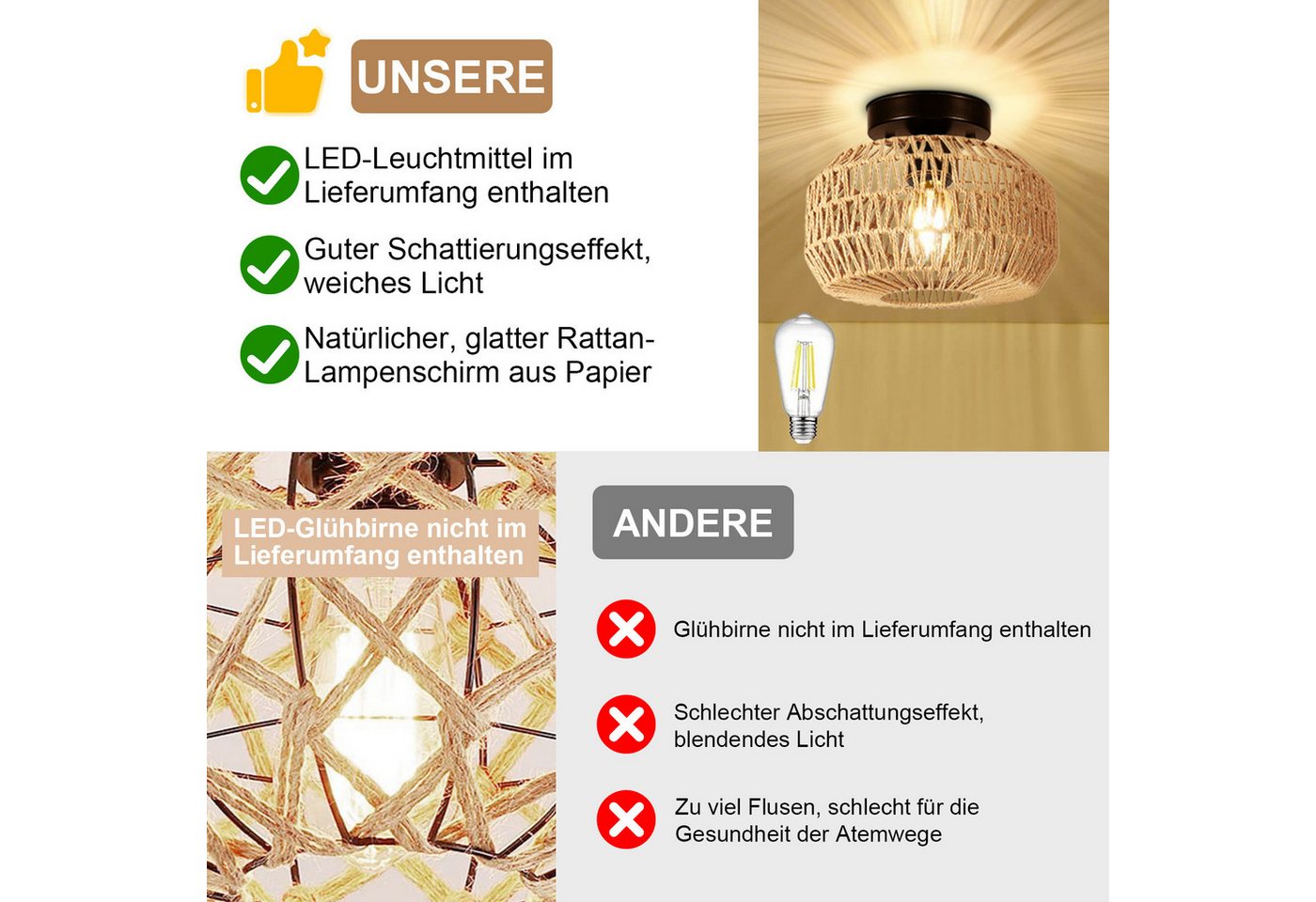 LMaxhome LED Deckenleuchte Hängend Boho Rattan Deckenlampe Vintage Kronleuchter Lampenschirm Flur, E27 Glühbirne LED fest integriert Bambus Wohnzimmer Esszimmer – Bild 4 von 5