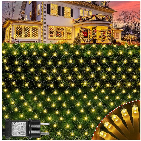 LMaxhome LED-Lichternetz Lichterkette Lichtervorhang Weihnachts Deko für Büsche Garten Zäune, 144-flammig, Mesh Lichterkette Netz mit 8 Modi Timer, 1,5x1,5m/2x2