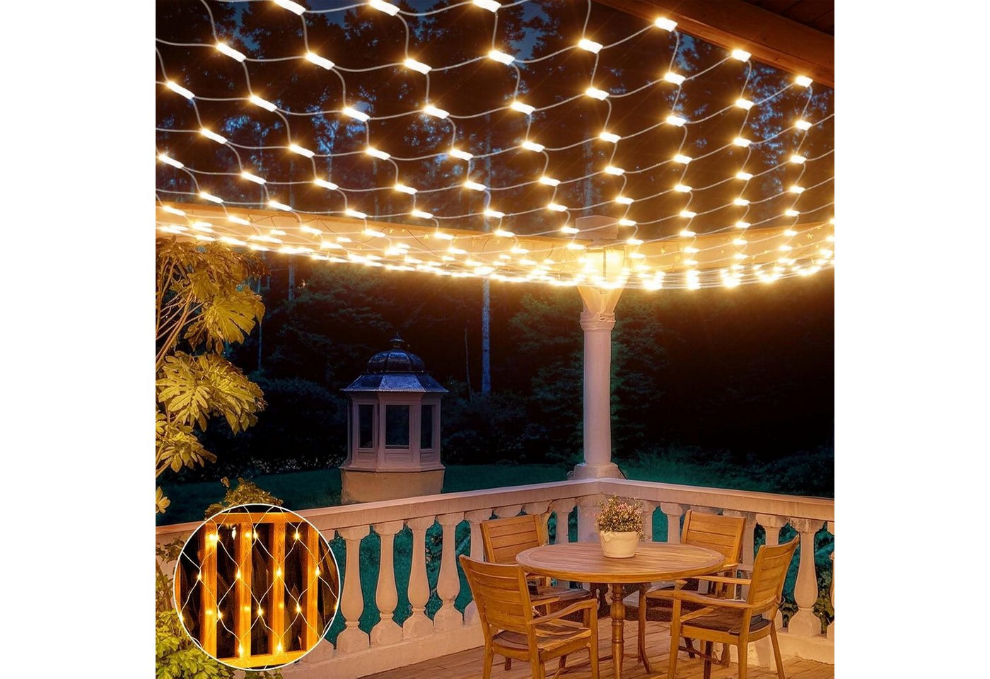 LMaxhome LED-Lichternetz Lichterkette Lichtervorhang Weihnachts Deko für Büsche Garten Zäune, 144-flammig, Mesh Lichterkette Netz mit 8 Modi Timer, 1,5x1,5m/2x2 – Bild 2 von 5