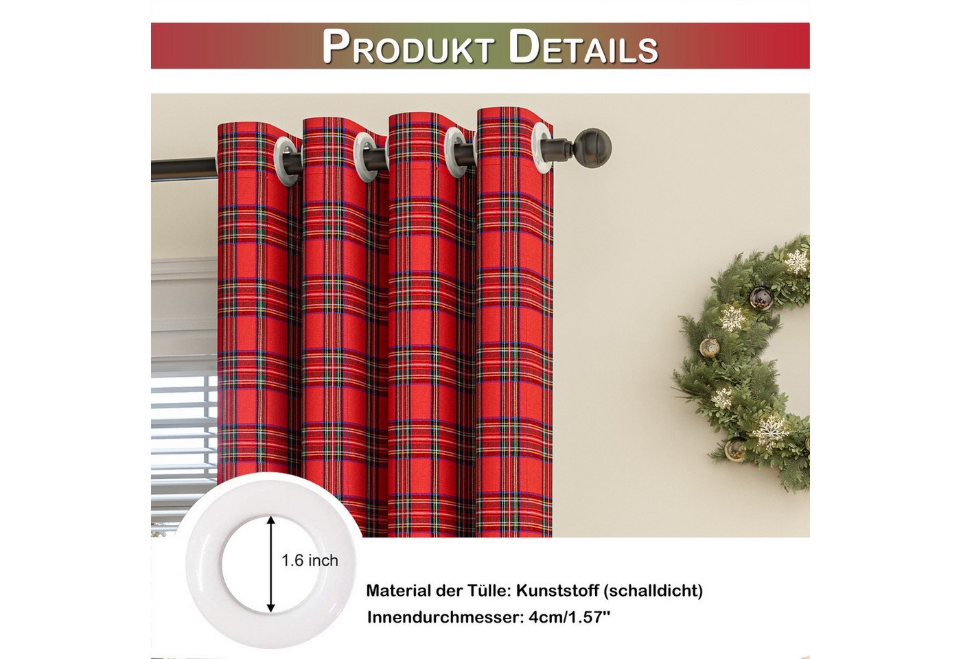 LMaxhome Verdunkelungsvorhang Blickdicht Karierter Weihnachtsvorhang Tartan Ösenvorhang Winter Deko, (1/2 St), 3 Farben, Fenster Gardinen für Schlafzimmer, Wohn – Bild 4 von 5