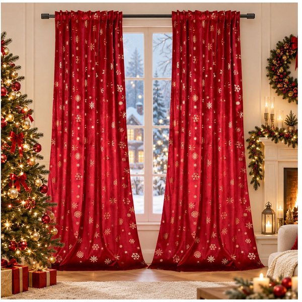 LMaxhome Verdunkelungsvorhang Weihnachtsvorhang Samt 2er Set, blickdicht, Rot/Grün, Schneeflocken, Thermovorhang für Wohn- & Schlafzimmer, lichtreduzierend, 132
