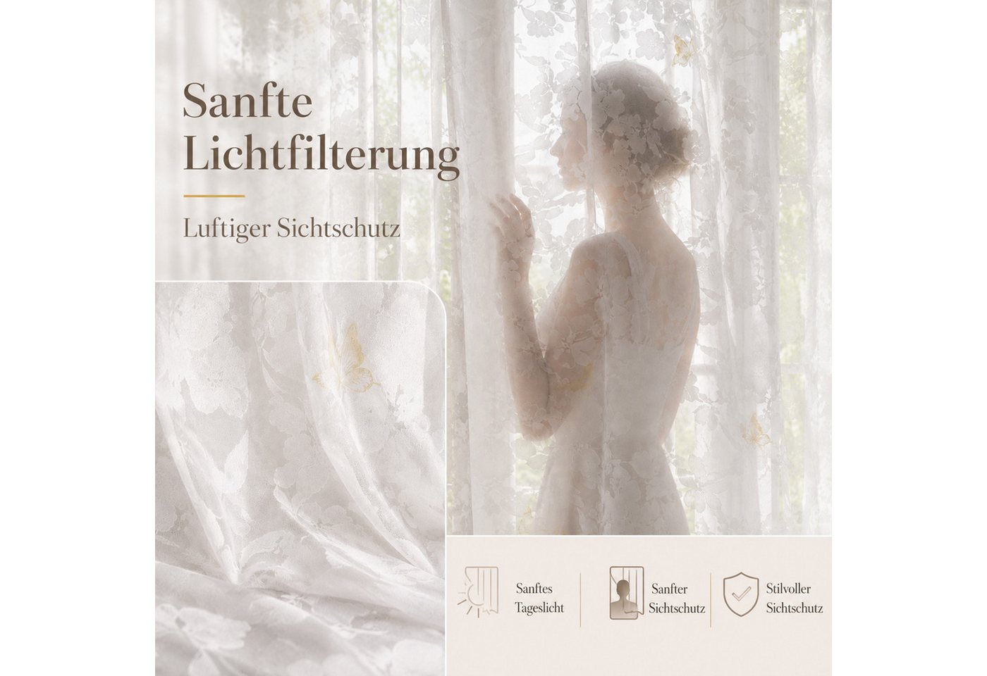 LMaxhome Vorhang Transparenter Vorhang 2er-Set, Voile Gardinen mit Blatt-Jacquard, Weißer Ösenvorhang aus Polyester für Wohn-, Schlaf- & Kinderzimmer – Bild 2 von 5