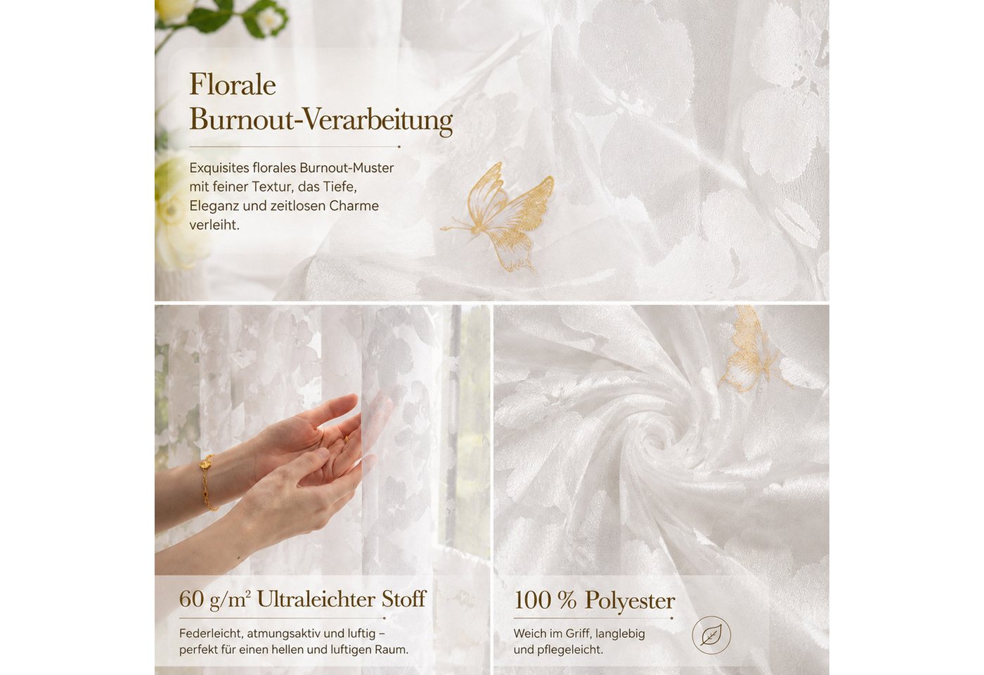 LMaxhome Vorhang Transparenter Vorhang 2er-Set, Voile Gardinen mit Blatt-Jacquard, Weißer Ösenvorhang aus Polyester für Wohn-, Schlaf- & Kinderzimmer – Bild 3 von 5