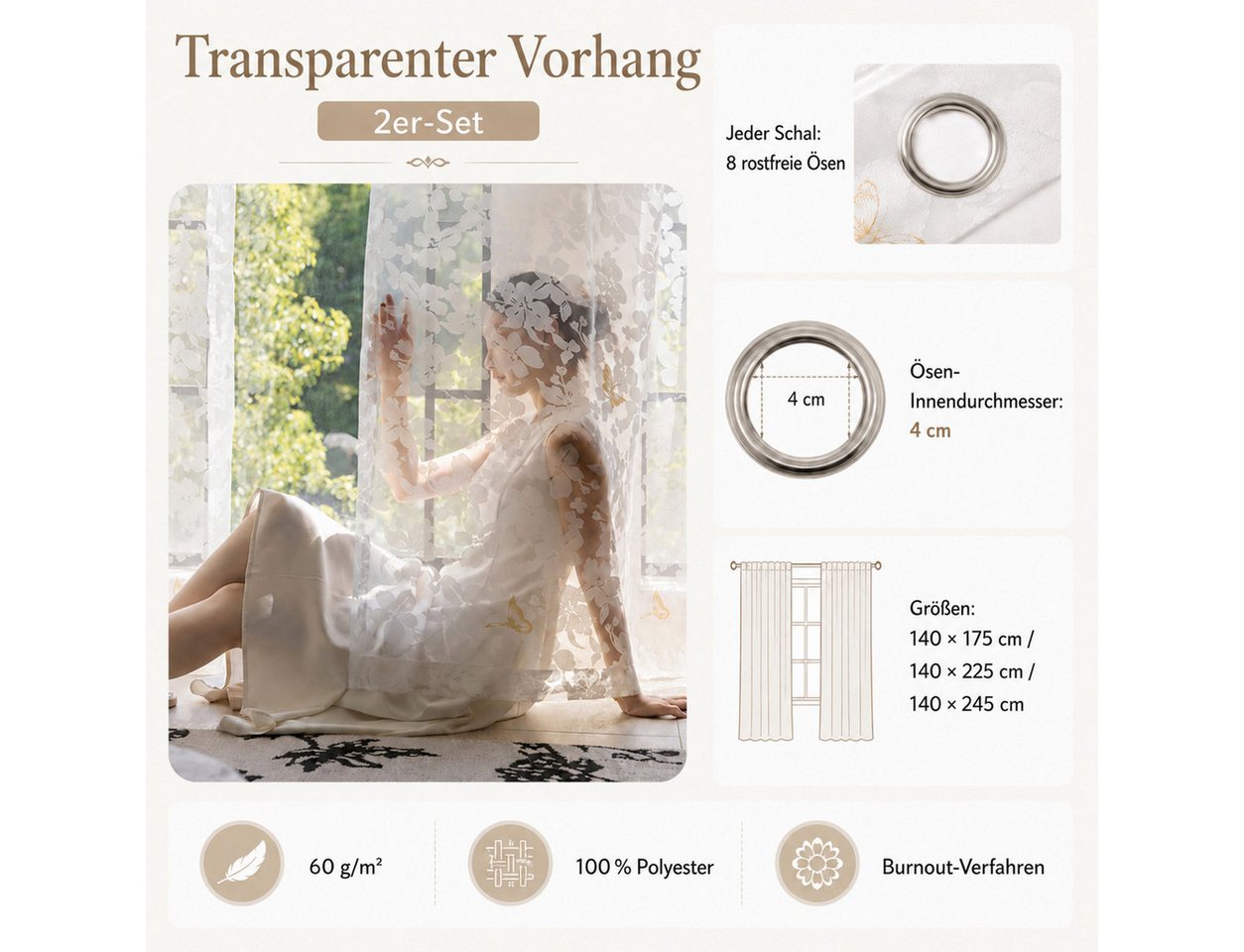 LMaxhome Vorhang Transparenter Vorhang 2er-Set, Voile Gardinen mit Blatt-Jacquard, Weißer Ösenvorhang aus Polyester für Wohn-, Schlaf- & Kinderzimmer – Bild 4 von 5