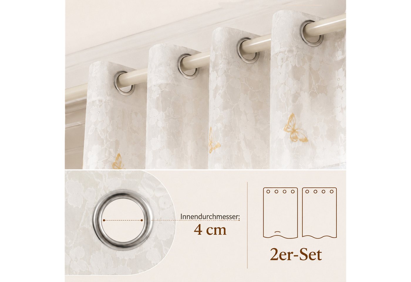 LMaxhome Vorhang Transparenter Vorhang 2er-Set, Voile Gardinen mit Blatt-Jacquard, Weißer Ösenvorhang aus Polyester für Wohn-, Schlaf- & Kinderzimmer – Bild 5 von 5