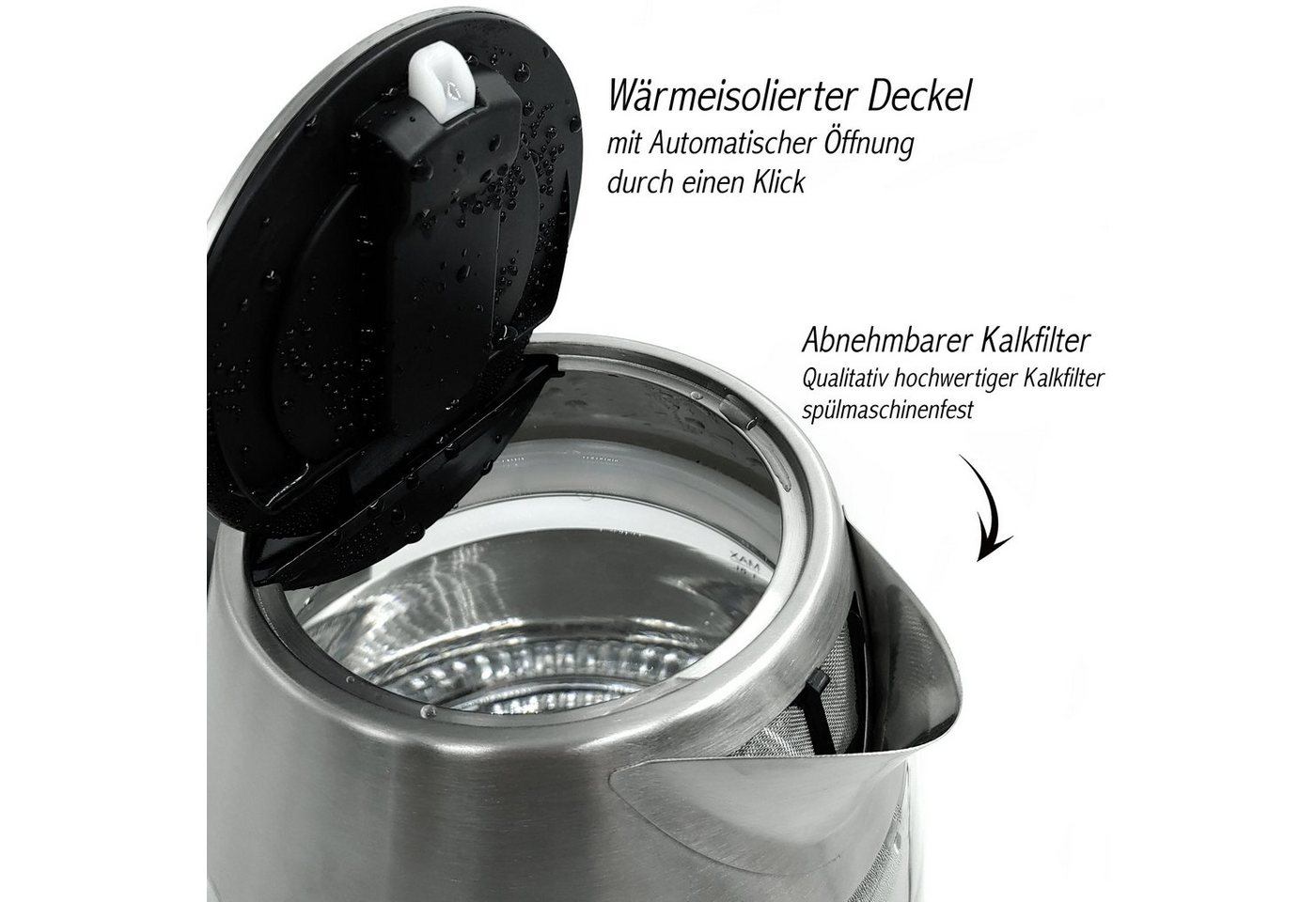 LMG Germany Wasserkocher 1,7 l Glas Edelstahl Wasserkocher 2200W, LED & Temperatureinstellung, 1,8 l, 2200 W, Edelstahlgehäuse, Temperatureinstellung, Schnellko – Bild 3 von 5