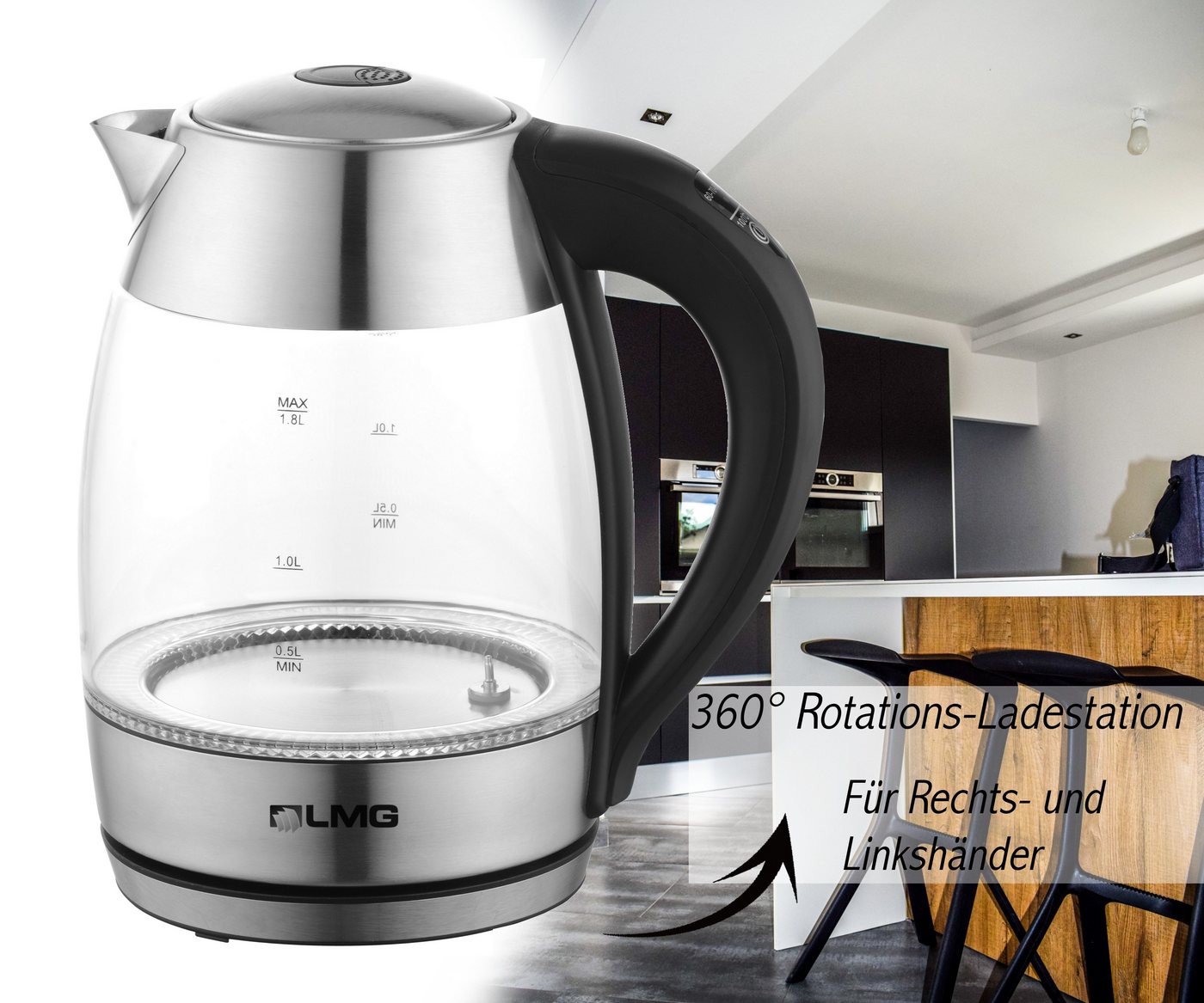 LMG Germany Wasserkocher 1,7 l Glas Edelstahl Wasserkocher 2200W, LED & Temperatureinstellung, 1,8 l, 2200 W, Edelstahlgehäuse, Temperatureinstellung, Schnellko – Bild 5 von 5