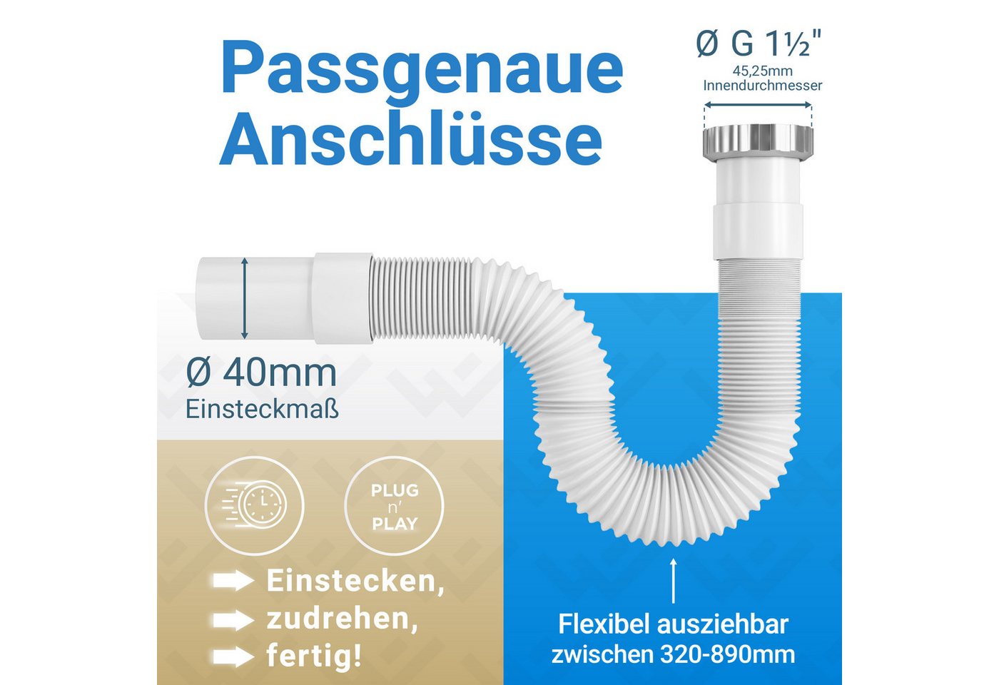 Lobenswerk Siphon SuperFlex Ablaufgarnitur, Geruchsverschluss, ausziehbar 320-890mm, mit Aluminium Mutter, flexibler Ablaufschlauch – Bild 3 von 5