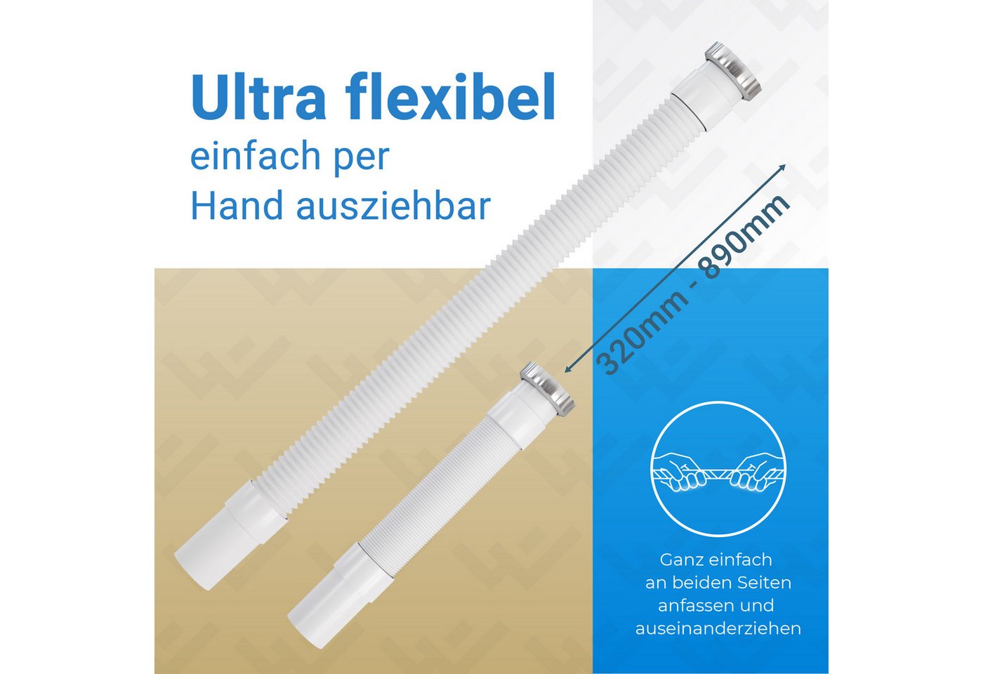 Lobenswerk Siphon SuperFlex Ablaufgarnitur, Geruchsverschluss, ausziehbar 320-890mm, mit Aluminium Mutter, flexibler Ablaufschlauch – Bild 4 von 5