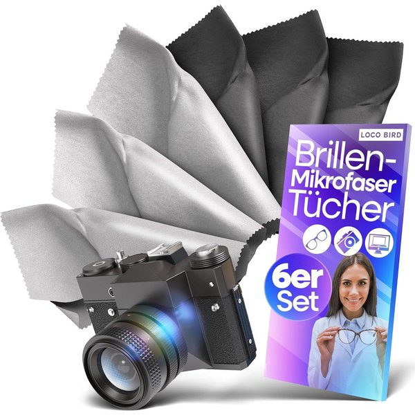 Loco Bird Brillenputztuch Microfaser in Optikerqualität - Brillenputztücher - Reinigungstücher (30x30 cm, - 6er Set, Brillentücher in Grau, Mikrofasertuch, Mikr