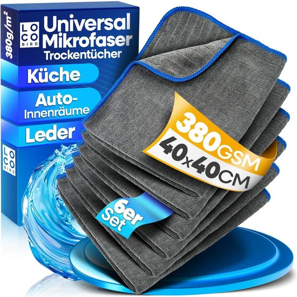 Loco Bird Microfasertücher in 380GSM - Auto & Haushalt fusselfreier Putztuch Bad Mikrofasertuch (40x40 cm, 6-tlg., Putztücher für Küche grau, Reinigungstücher -
