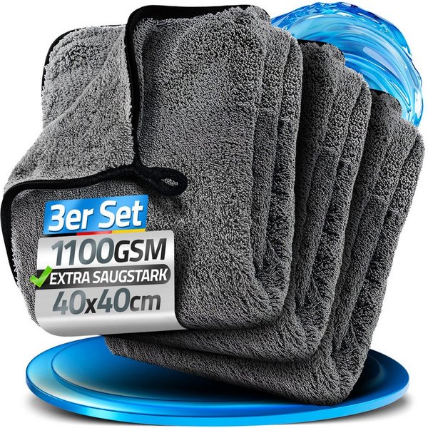 Loco Bird Mikrofasertücher Auto 1100 GSM, extrem saugstarke Trockentuch Mikrofasertuch (40x40 cm, 3-tlg., flauschig weiches Trockentuch Auto - Microfasertuch fü