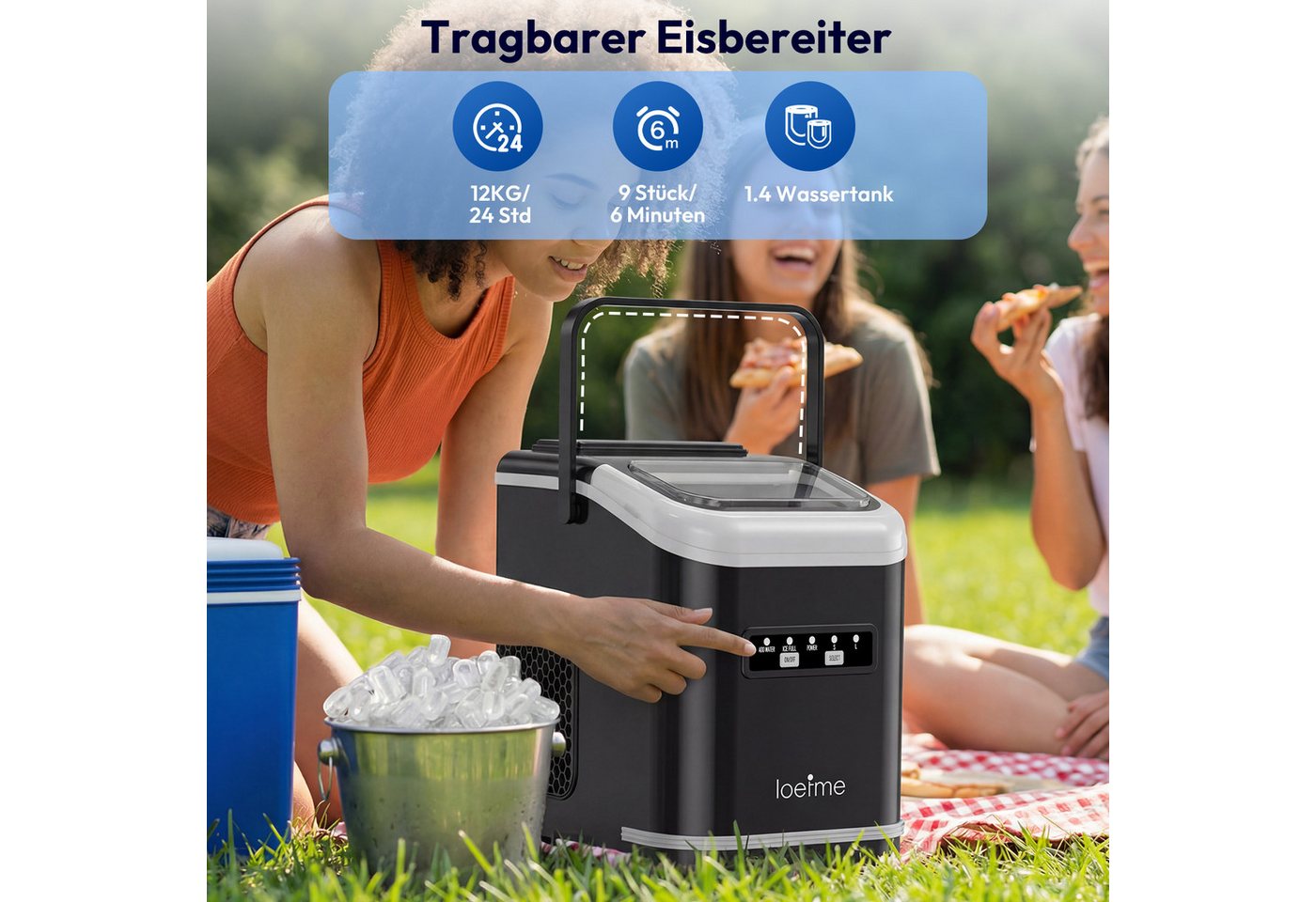 loefme Eiswürfelmaschine Tragbarer, 12kg/24h, 9 Würfel in 6 Min, mit Selbstreinigung, 2 Eisgrößen, Leiser Eiswürfelbereiter mit Tragegriff, 1,4L Tank – Bild 2 von 5