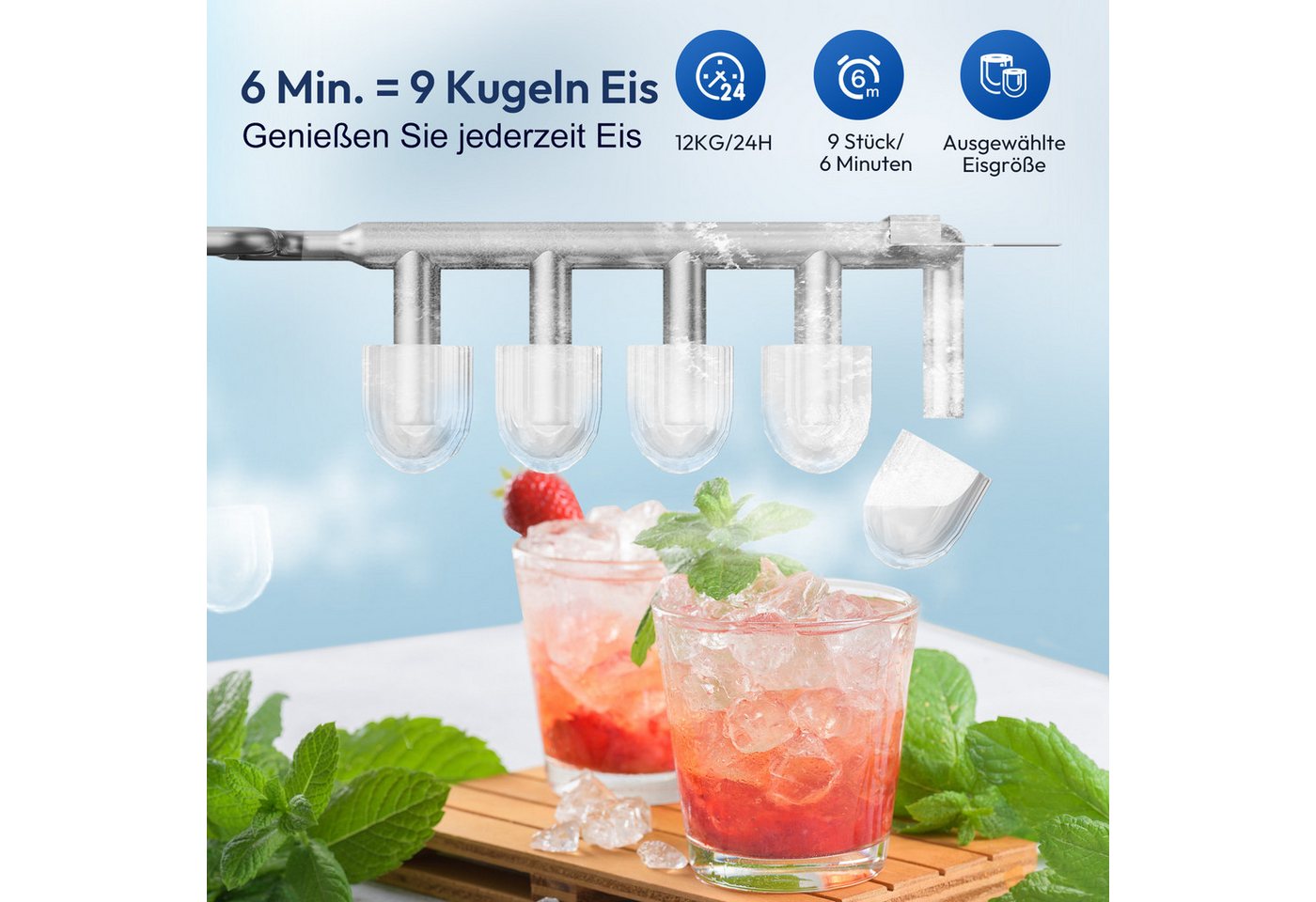 loefme Eiswürfelmaschine Tragbarer, 12kg/24h, 9 Würfel in 6 Min, mit Selbstreinigung, 2 Eisgrößen, Leiser Eiswürfelbereiter mit Tragegriff, 1,4L Tank – Bild 3 von 5