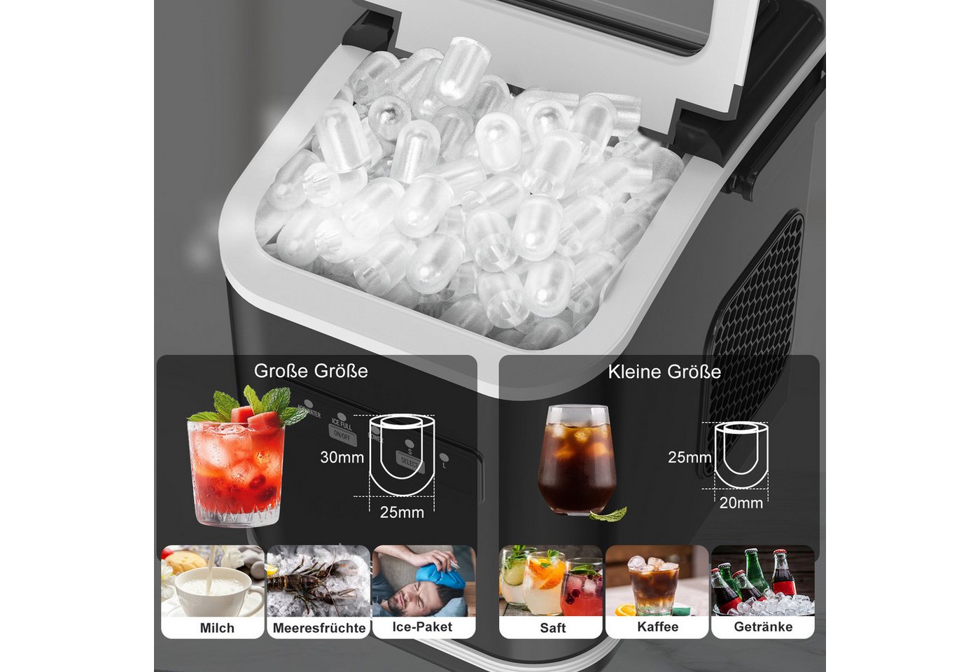 loefme Eiswürfelmaschine Tragbarer, 12kg/24h, 9 Würfel in 6 Min, mit Selbstreinigung, 2 Eisgrößen, Leiser Eiswürfelbereiter mit Tragegriff, 1,4L Tank – Bild 4 von 5