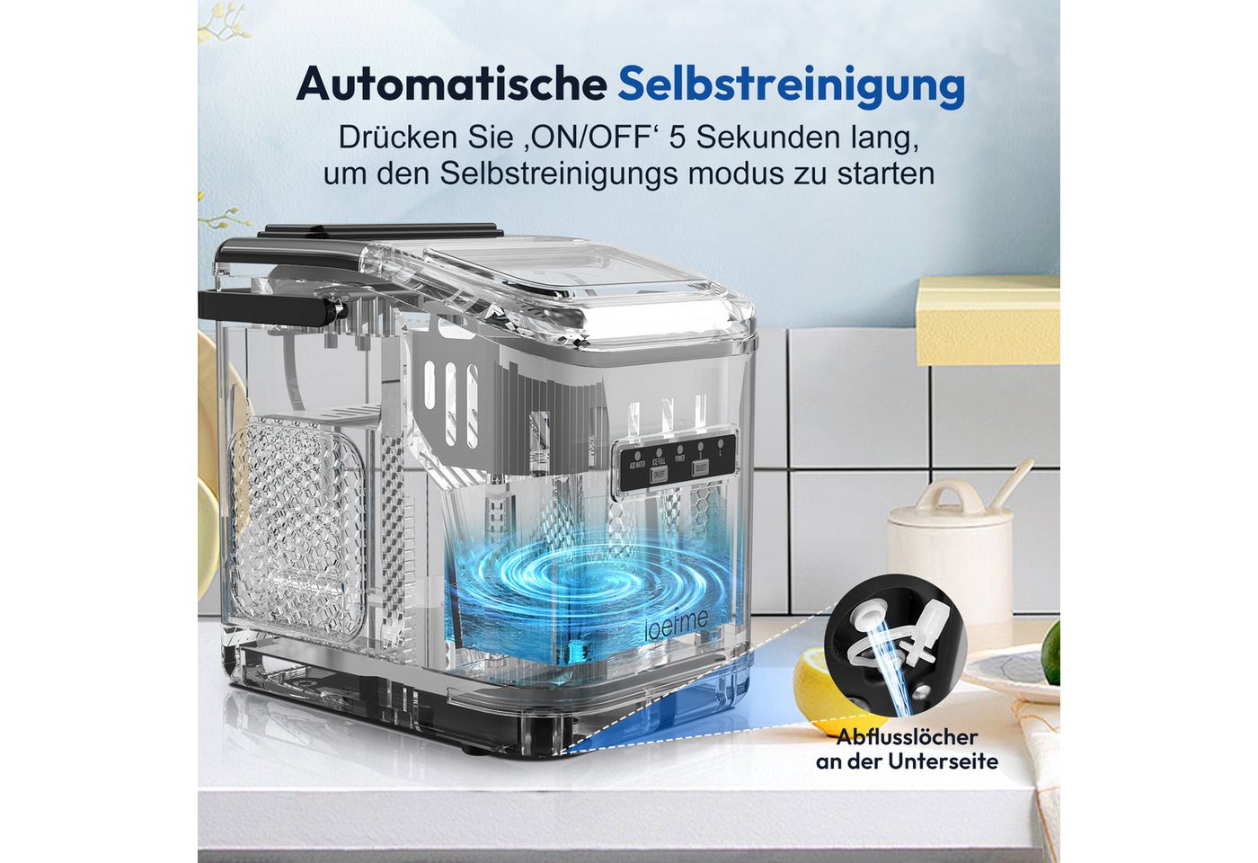 loefme Eiswürfelmaschine Tragbarer, 12kg/24h, 9 Würfel in 6 Min, mit Selbstreinigung, 2 Eisgrößen, Leiser Eiswürfelbereiter mit Tragegriff, 1,4L Tank – Bild 5 von 5