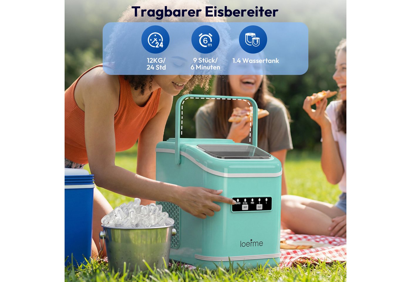 loefme Eiswürfelmaschine Tragbarer, 12kg/24h, 9 Würfel in 6 Min, mit Selbstreinigung, 2 Eisgrößen, Leiser Eiswürfelbereiter mit Tragegriff, 1,4L Tank – Bild 2 von 5