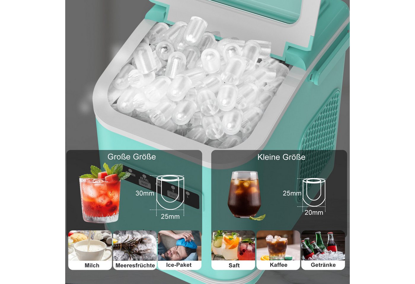 loefme Eiswürfelmaschine Tragbarer, 12kg/24h, 9 Würfel in 6 Min, mit Selbstreinigung, 2 Eisgrößen, Leiser Eiswürfelbereiter mit Tragegriff, 1,4L Tank – Bild 4 von 5