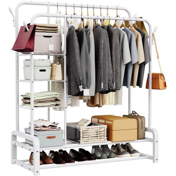 loefme Kleiderständer mit 2 Stangen & 3 Ablagefächern, 110×52×152 cm, bis 75 kg belastbar