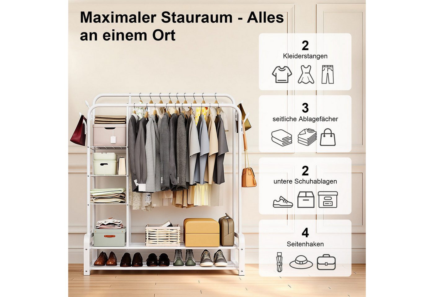 loefme Kleiderständer mit 2 Stangen & 3 Ablagefächern, 110×52×152 cm, bis 75 kg belastbar – Bild 2 von 5