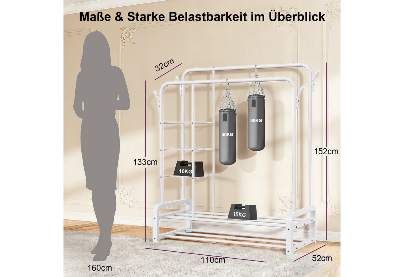 loefme Kleiderständer mit 2 Stangen & 3 Ablagefächern, 110×52×152 cm, bis 75 kg belastbar – Bild 4 von 5