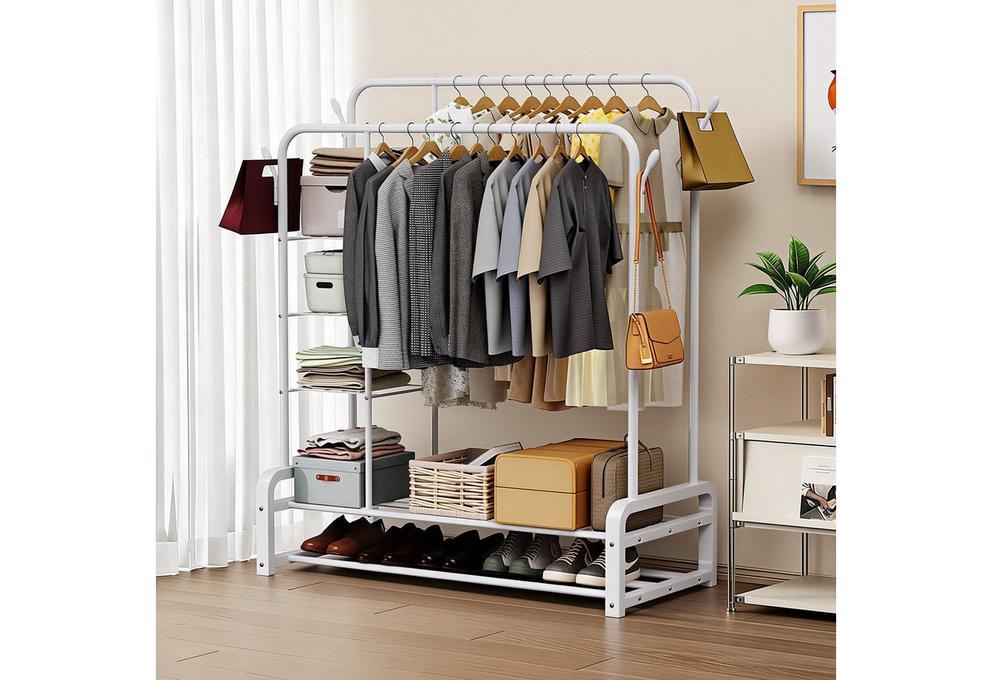 loefme Kleiderständer mit 2 Stangen & 3 Ablagefächern, 110×52×152 cm, bis 75 kg belastbar – Bild 5 von 5