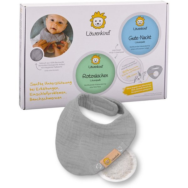 Löwenkind Neugeborenen-Geschenkset Einsteigerbox mit Halstuch, Gute-Nacht- und Rotznäschen-Pads (Einsteiger-Set, 3-tlg., Musselin-Halstuch, Rotznäschen-Pad, Gut