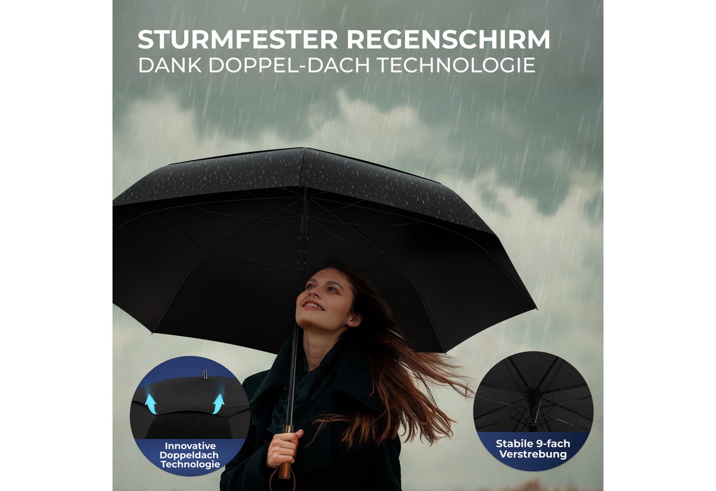 Logan & Barnes Stockregenschirm Chicago, Stockschirm sturmfest [Ø120 cm] mit hochwertigem Echtholzgriff – Bild 2 von 5
