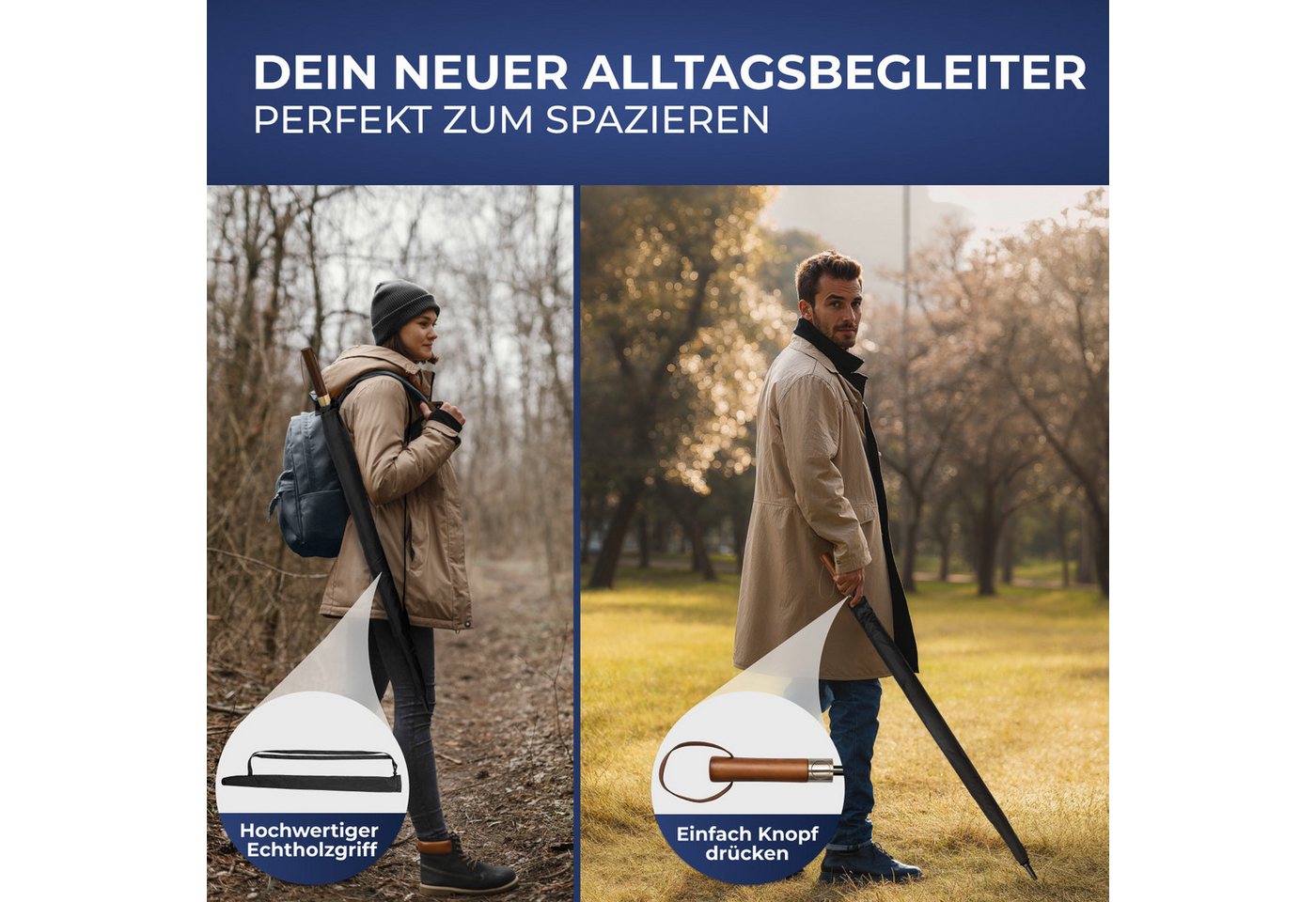 Logan & Barnes Stockregenschirm Chicago, Stockschirm sturmfest [Ø120 cm] mit hochwertigem Echtholzgriff – Bild 4 von 5