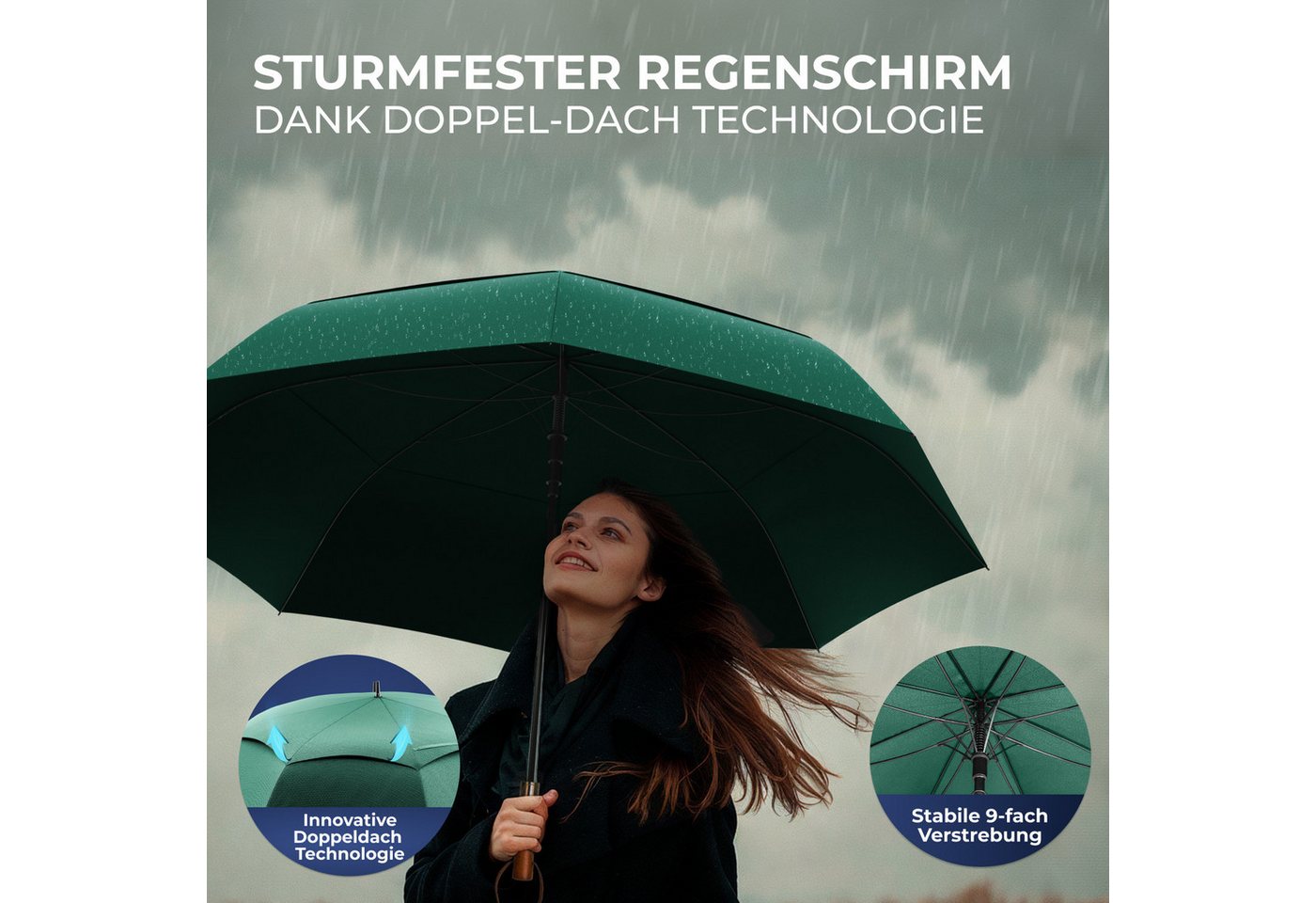 Logan & Barnes Stockregenschirm Chicago, Stockschirm sturmfest [Ø120 cm] mit hochwertigem Echtholzgriff – Bild 3 von 5