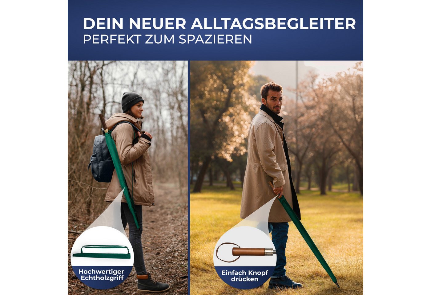 Logan & Barnes Stockregenschirm Chicago, Stockschirm sturmfest [Ø120 cm] mit hochwertigem Echtholzgriff – Bild 5 von 5