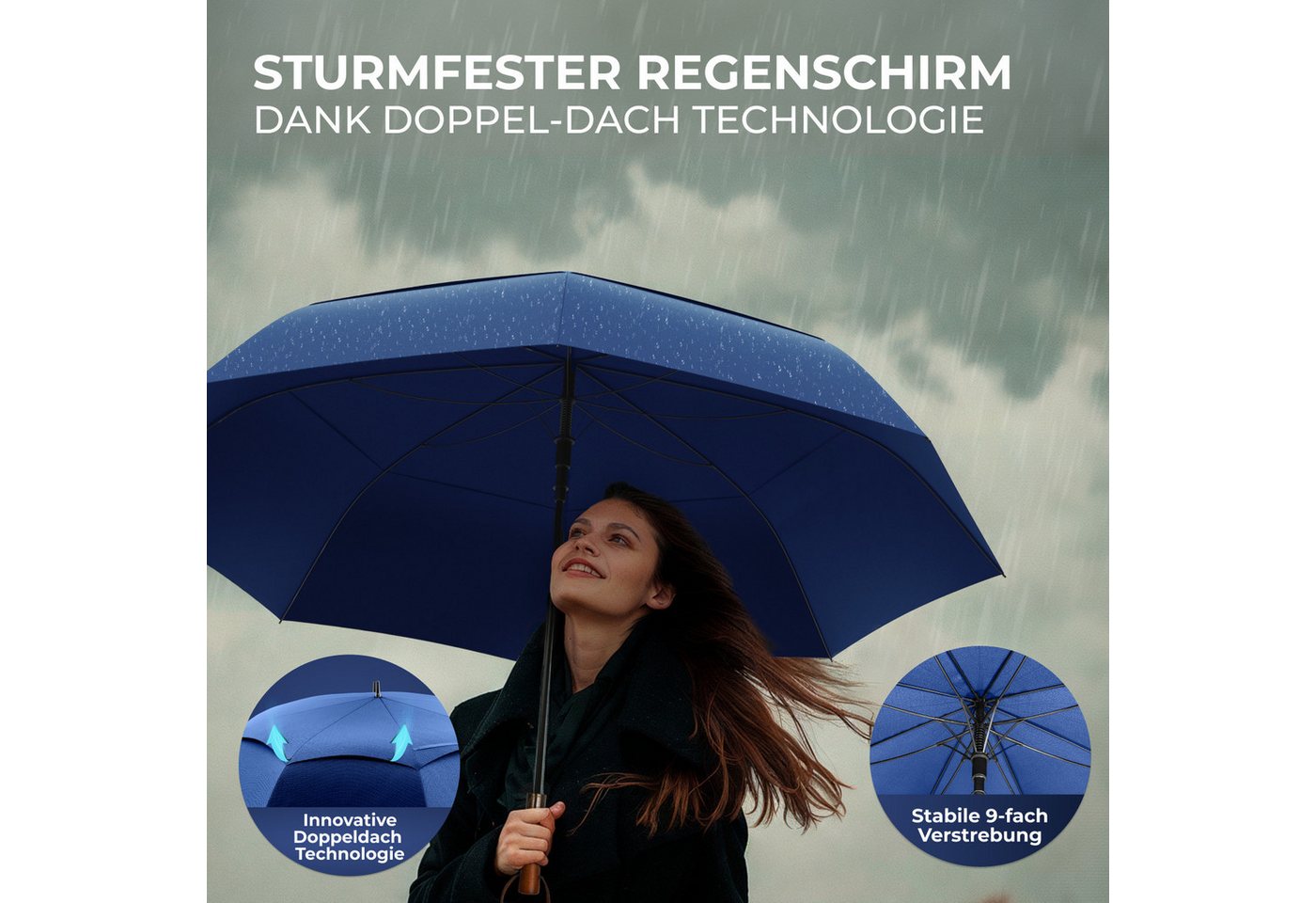 Logan & Barnes Stockregenschirm Chicago, Stockschirm sturmfest [Ø120 cm] mit hochwertigem Echtholzgriff – Bild 2 von 5
