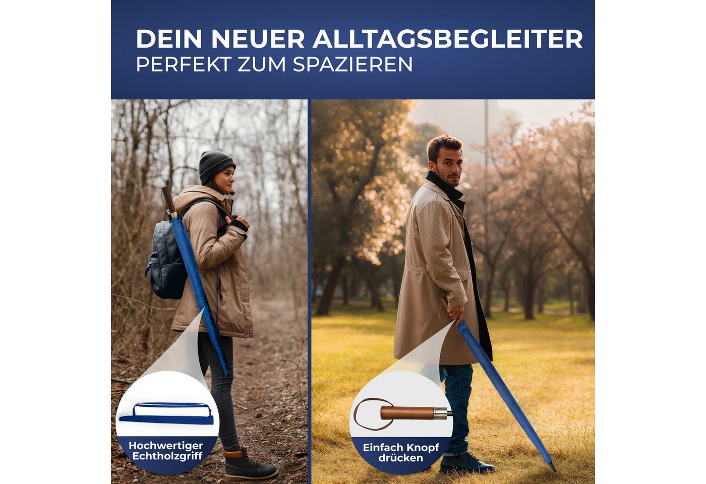 Logan & Barnes Stockregenschirm Chicago, Stockschirm sturmfest [Ø120 cm] mit hochwertigem Echtholzgriff – Bild 4 von 5