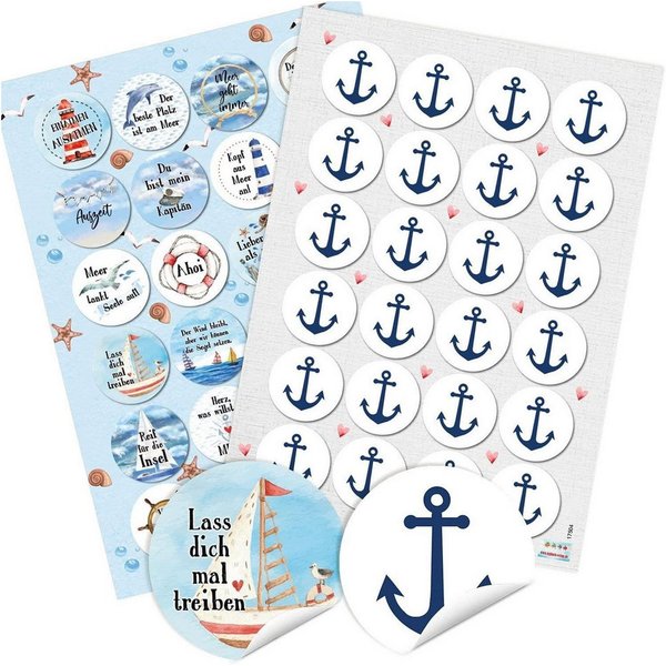 Logbuch-Verlag Aufkleber Sticker SET 24 maritime Sprüche Aufkleber + 24 Anker Aufkleber 4 cm