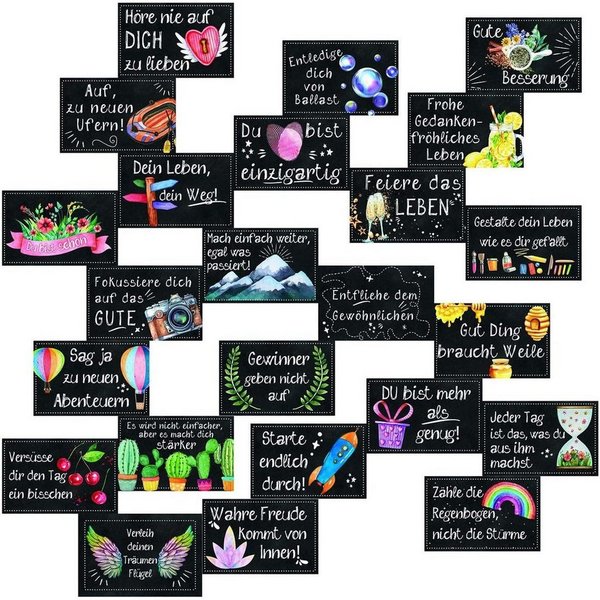 Logbuch-Verlag Klappkarte 24 Mini Sprüche Karten 8,5 x 5,5 cm in schwarz bunt Motivationskarten