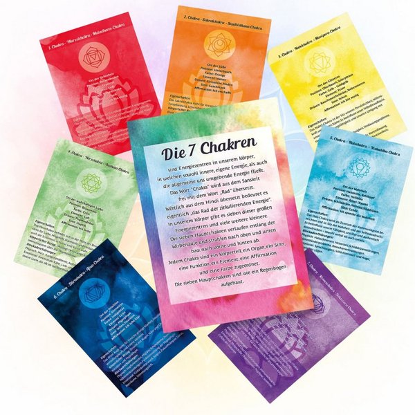 Logbuch-Verlag Klappkarte 7 Chakra Karten Set mit Erklärungskarte DIN A6 – 8 Karten