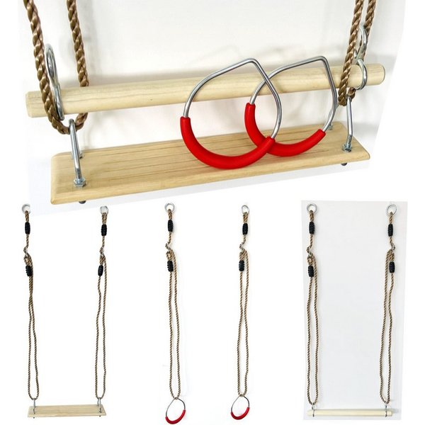 Loggyland Schaukelkombination Turngeräte-Set mit Schaukelsitz, Turnringen und Holztrapez, (4-tlg), mit Metallringen zum Aufhängen, für Garten und privaten Spiel