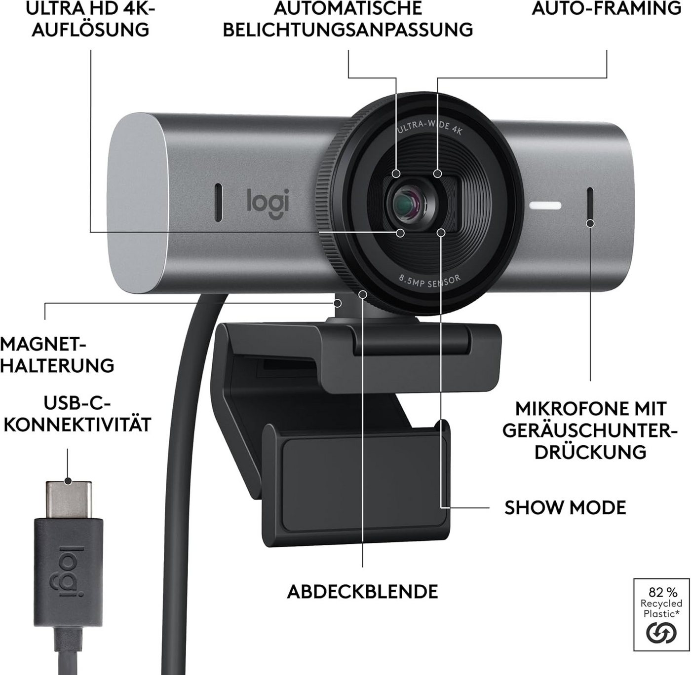 Logitech MX Brio 4K Ultra HD mit Dual-Mikrofonen, Autofokus-Show Mode, schwarz Full HD-Webcam – Bild 2 von 3