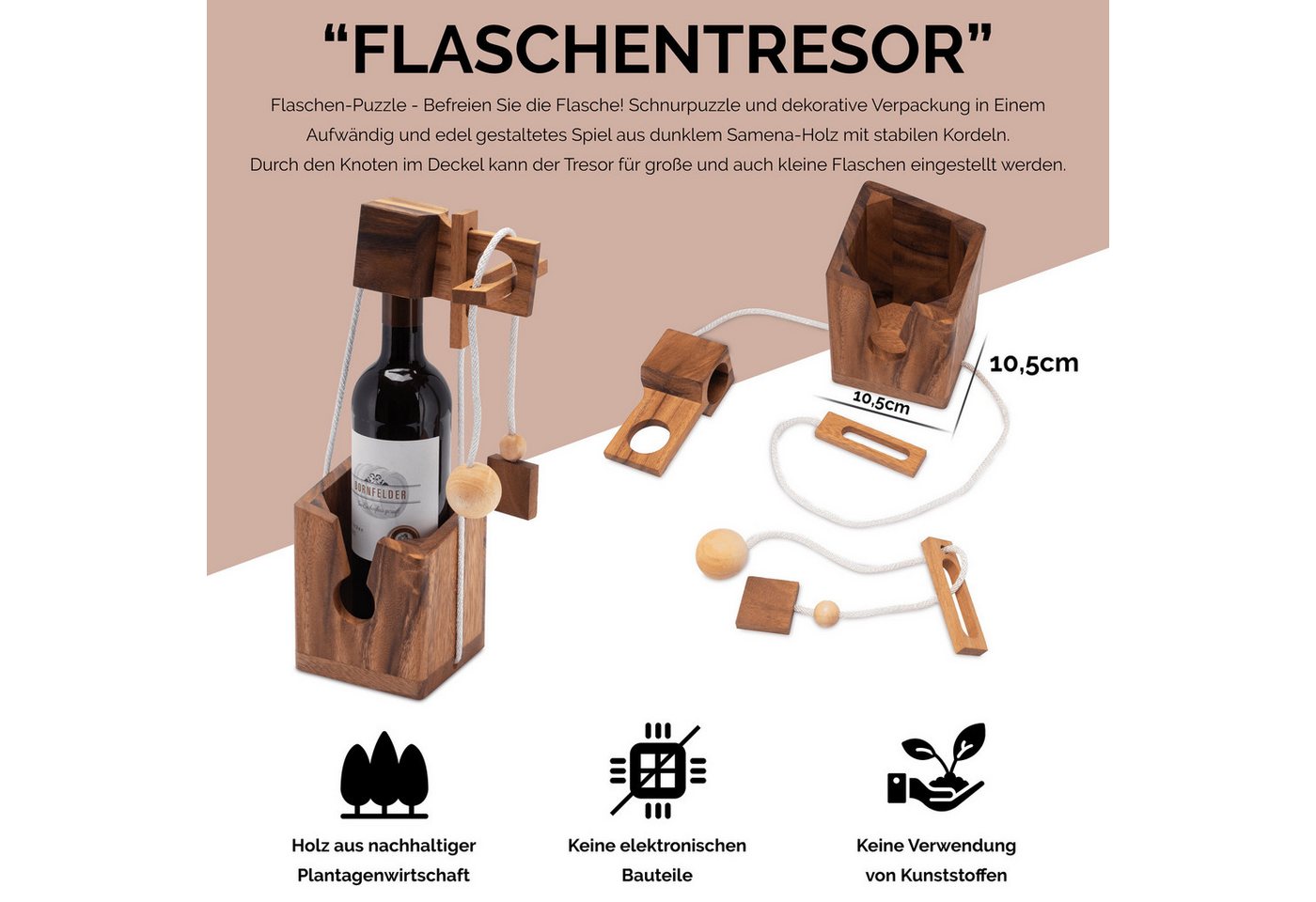 LOGOPLAY Flaschenhalter Flaschen-Tresor, (1-St), Flaschen-Tresor Holz Geschenkverpackung mit Knobelspiel – Bild 3 von 5