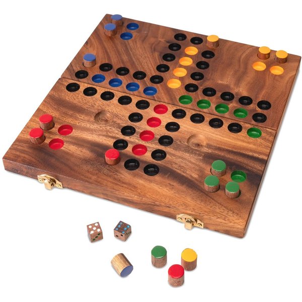 LOGOPLAY Spiel Ludo Gr. L, Gesellschaftsspiel, Ludo L Klappbar mit goldenem Metallverschluss Klassiker aus Holz für