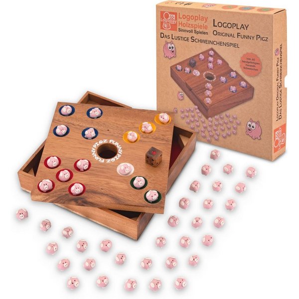 LOGOPLAY Spiel Original Funny Pigz mit Karton, Familienspiel, Original Funny Pigz Lustiges Schweinchenspiel-Würfelspiel aus Holz &